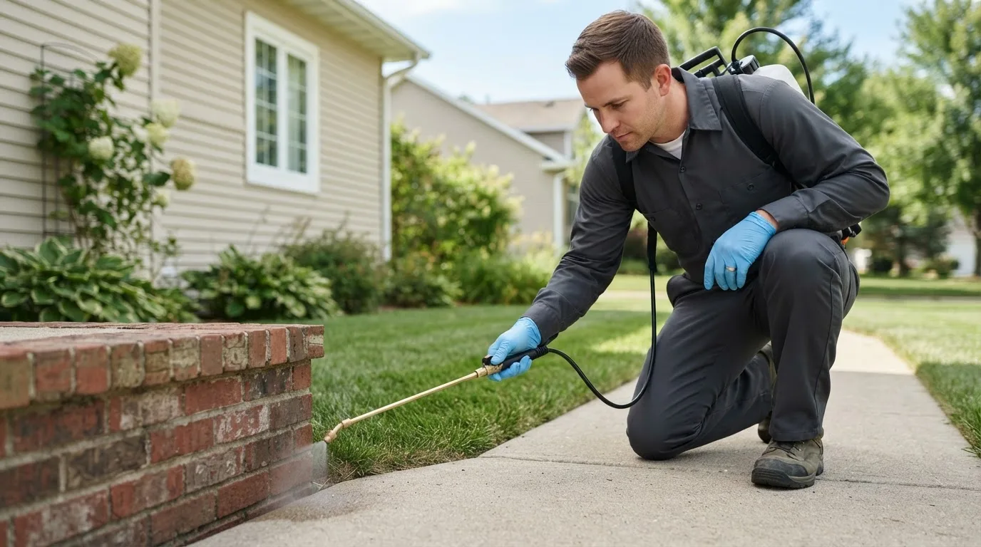 Pest control technician treating a home near Pepperell, MA