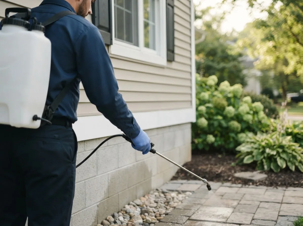 Pest control technician inspecting a home in Pepperell, MA